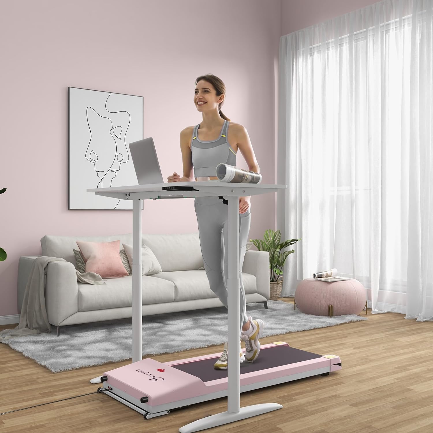 Under Desk Treadmill, Portable Walking Pad with Foldable Wheels and LED Display. Pink!